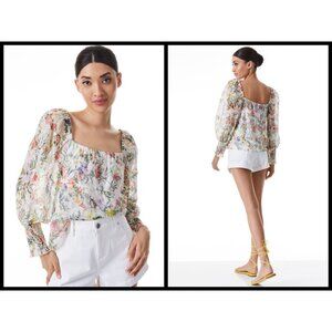 💕ALICE + OLIVIA💕 Rowa Smocked Eyelet Top XS Fleur Off-White Multi-Color Floral